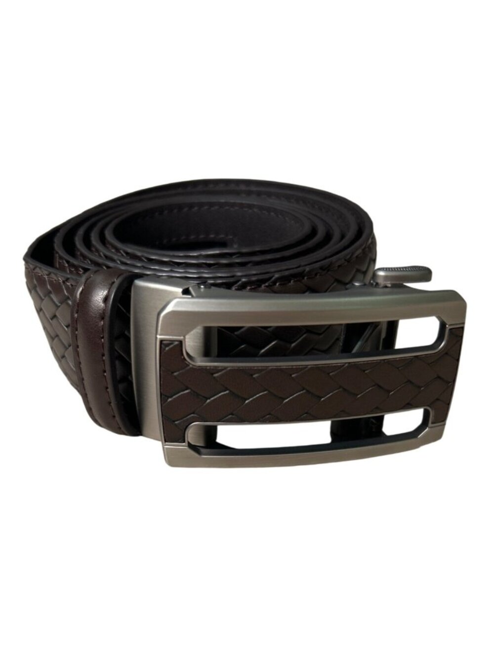 Ratchet Leather Belt Brown Woven Design Metal Buckle Adjustable Men's XL (35-37)